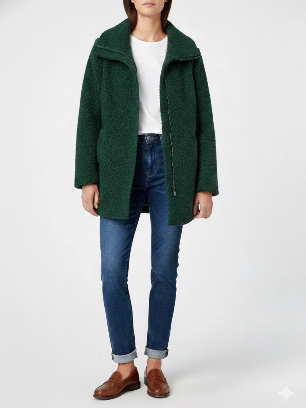 LOFT Women’s Green Bouclé Coat Teddy Bear Zip Front Winter Jacket Size Small
